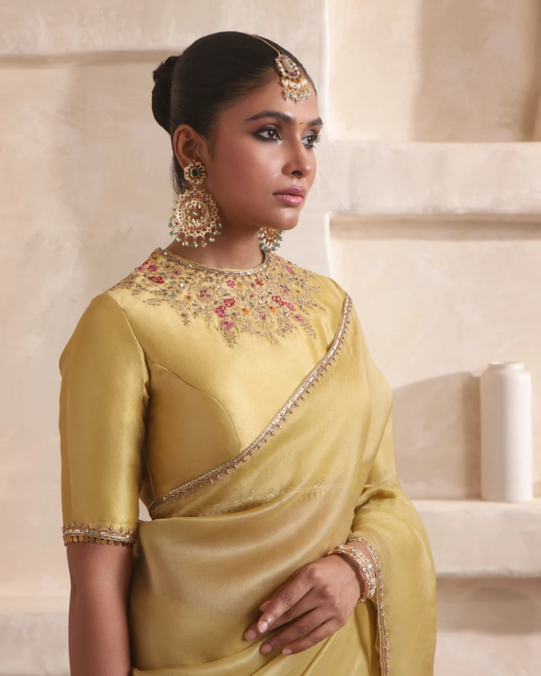 Niti Bothra - Zar-Rang Olive Green Multicolor Resham Saree Set