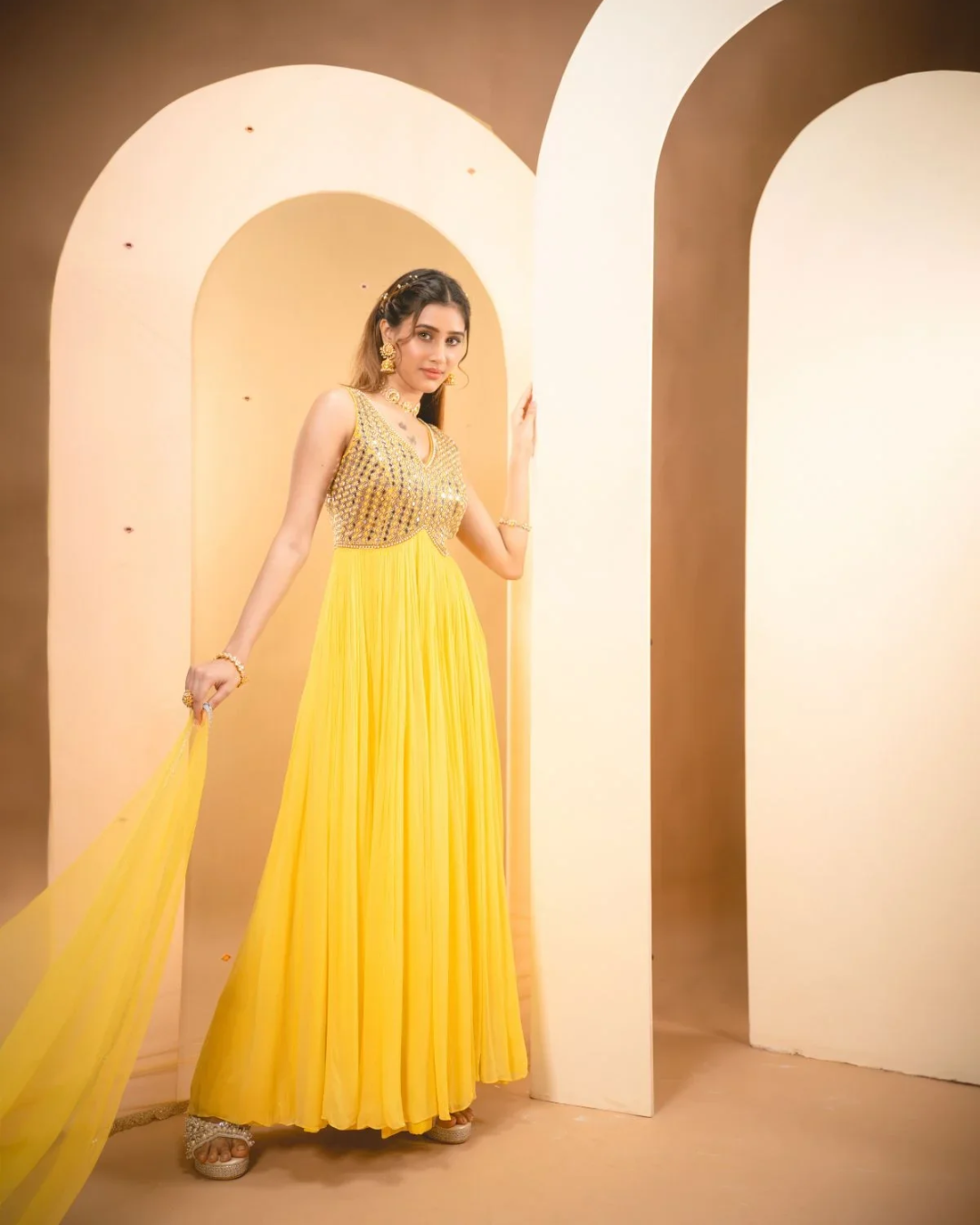 Anisha Shetty - Lemon Yellow Anarkali Set From Rangin