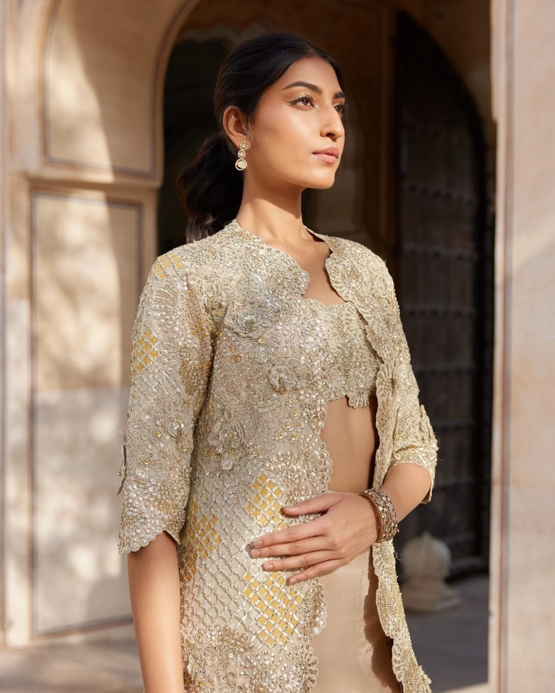 Osaa By Adarsh - Beige Champagne Embroidered Open Jacket Set From RASM