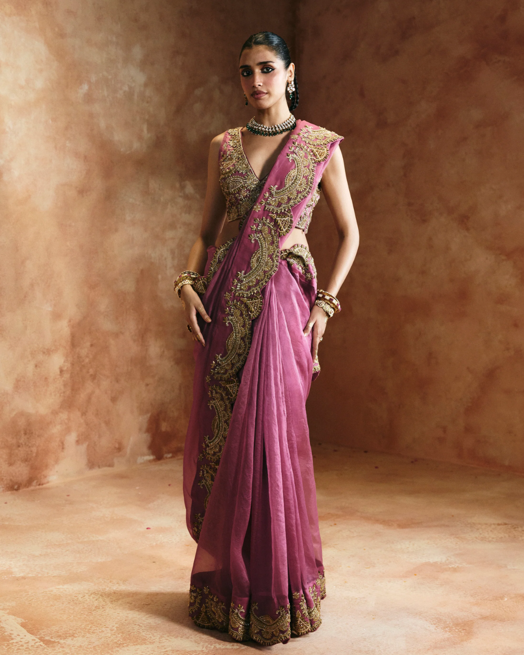 Aman Takyar - Peach & Gold Saree Set From Today's Sindh