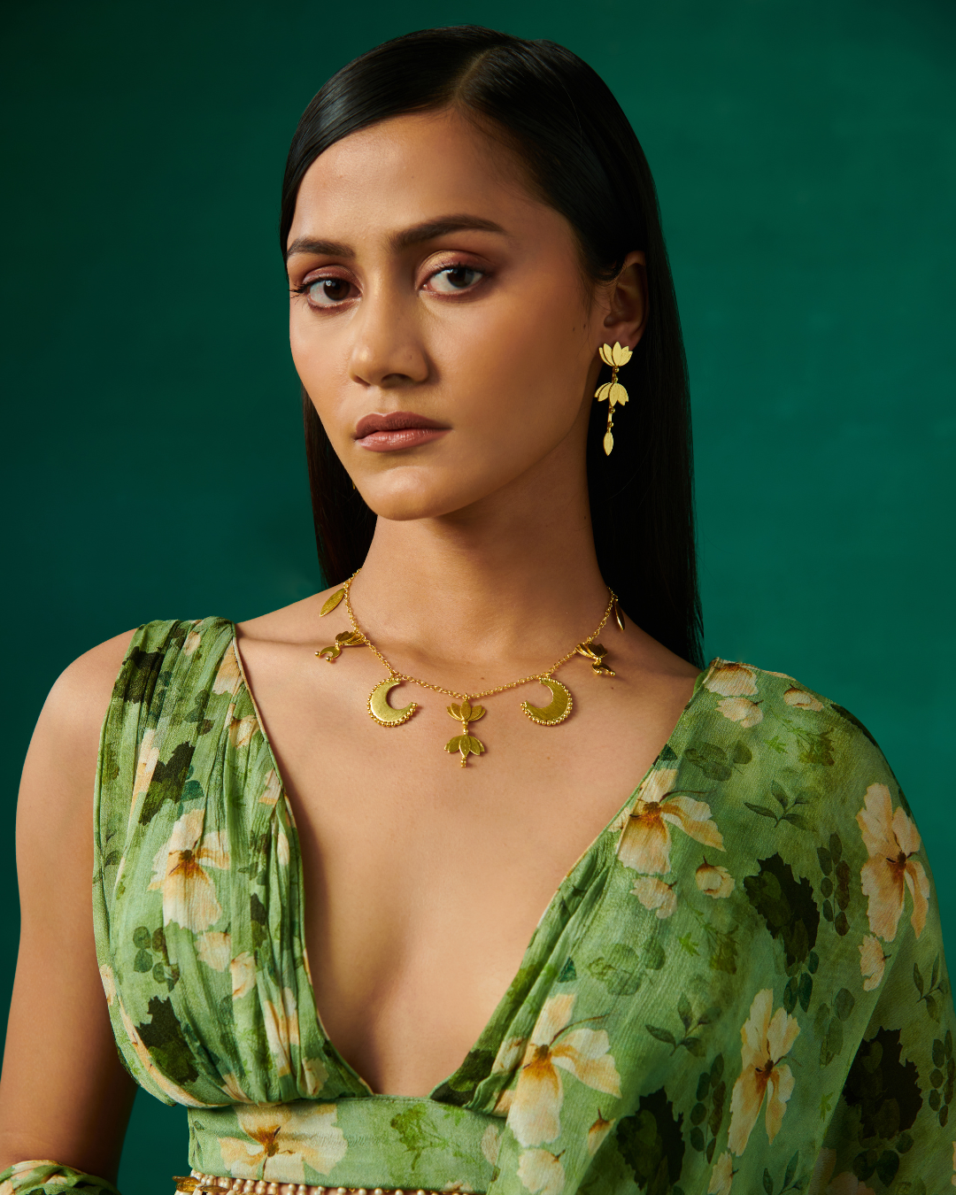 Sonali Bansal - Green floral print drape saree with ruffles and plunge V neck blouse From Bageecha
