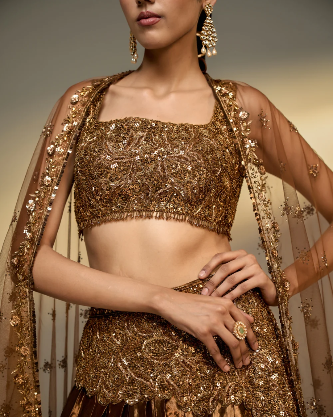 Prevasu - Copper Gold Embroidered Lehenga Set From The Mocha Edit