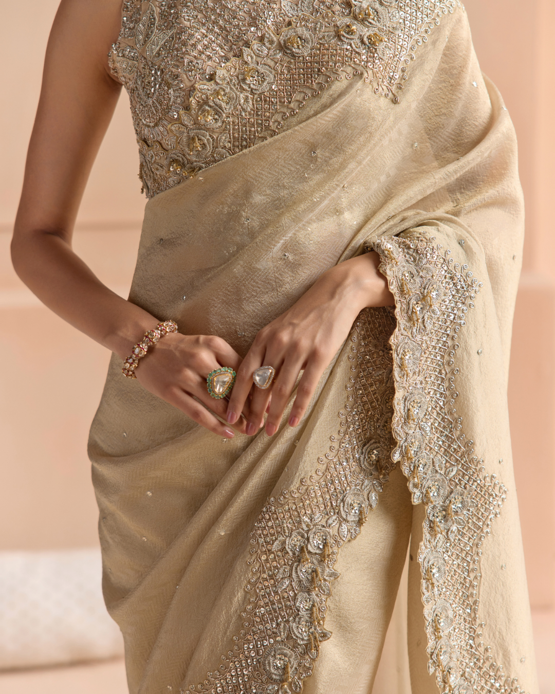 Osaa By Adarsh - Beige Champagne Tissue Saree Set From Off The Record