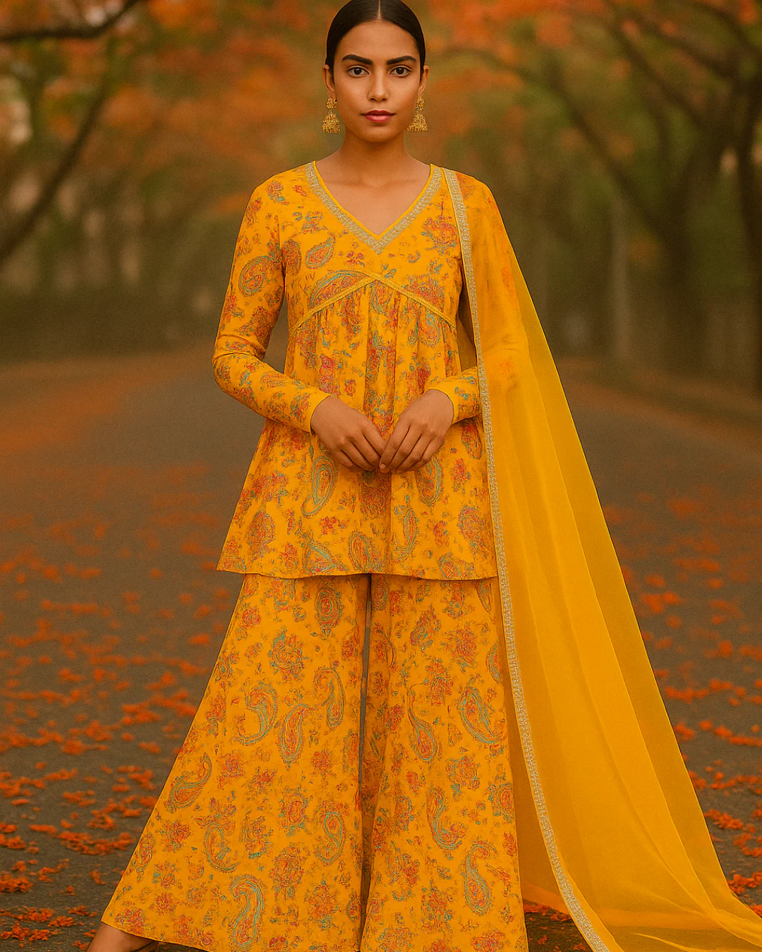 Anisha Shetty - Yellow Bloom Printed Kurta Sharara  Set