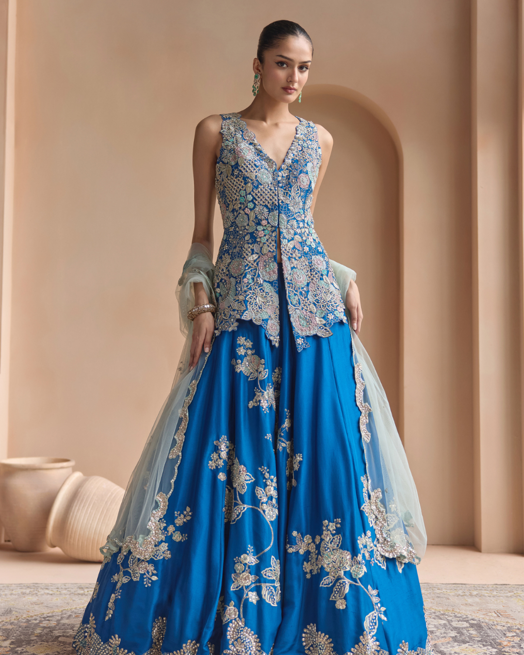 Osaa By Adarsh - Jade Blue Embroidered Peplum Lehenga Set From Off The Record