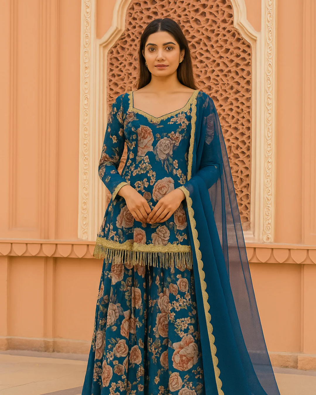 Anisha Shetty - Bahama Blue Floral Sharara With Kurta Set