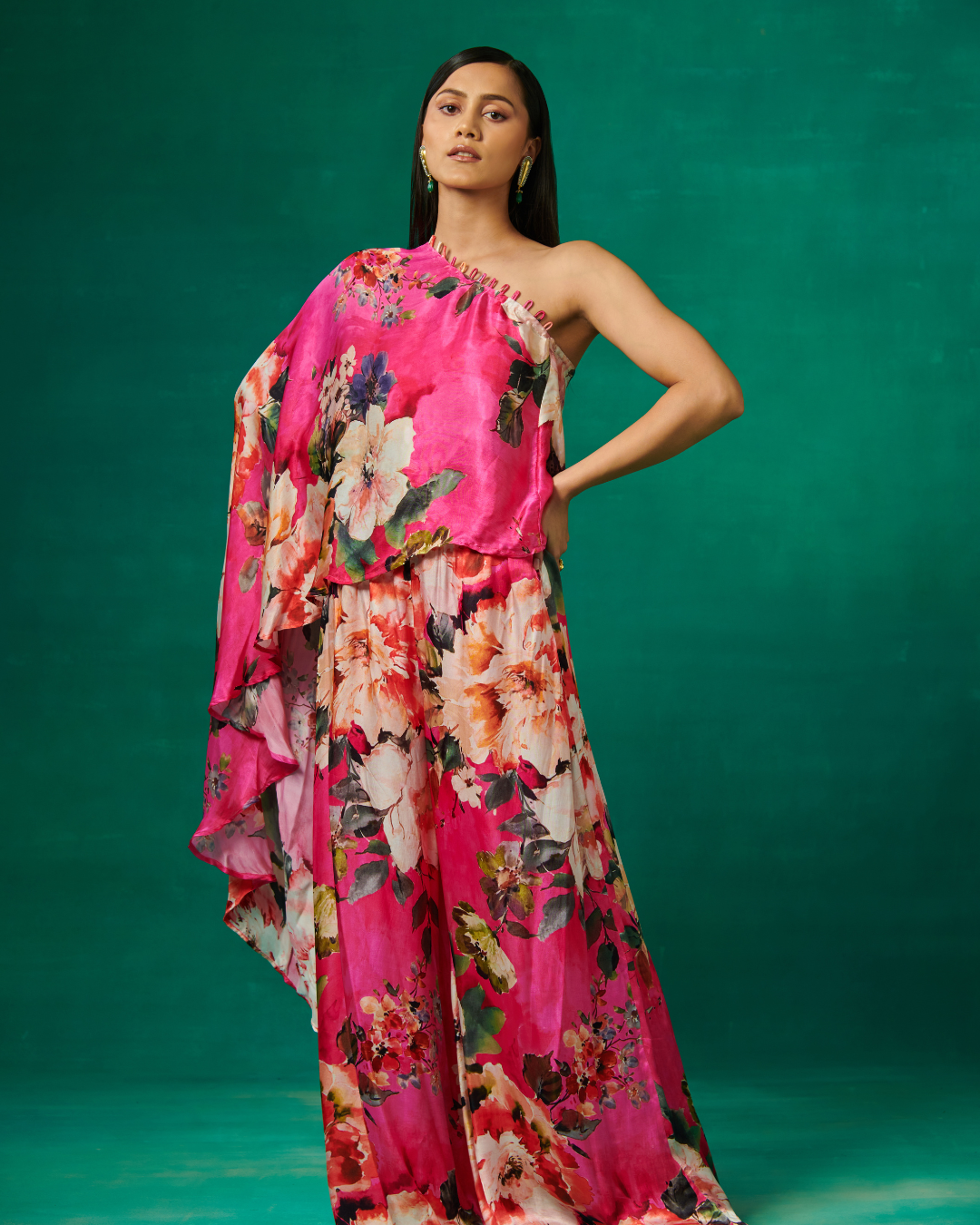 Sonali Bansal - Pink floral print high low cape with pants From Bageecha