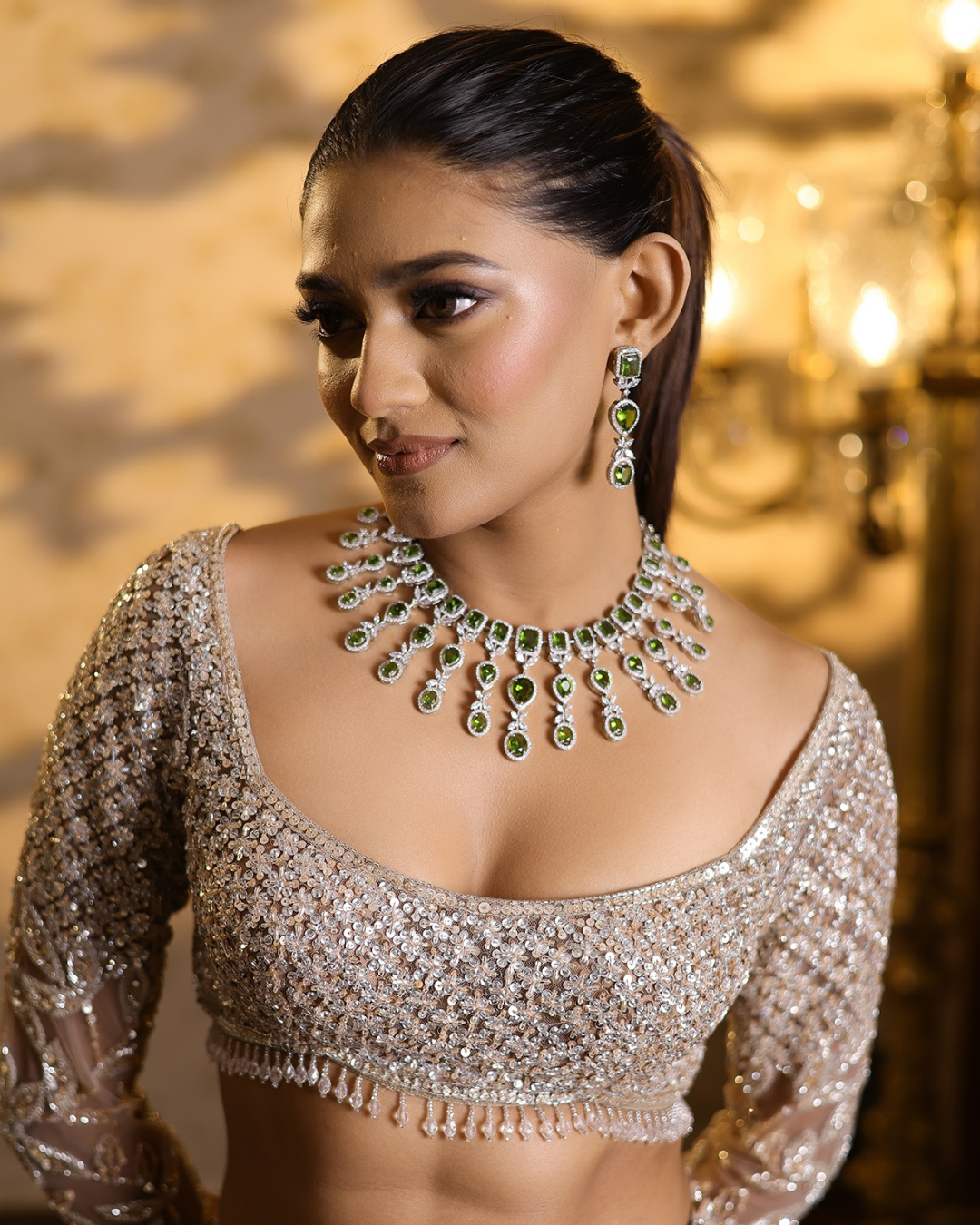 Isa by Dolly Wahal - Beige Gold Net Crystal Hand Embroidered Lehenga Set