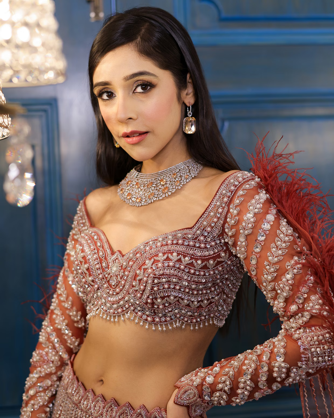 Isa by Dolly Wahal - Peachy Brown Net Cutdana Embroidered Lehenga Set