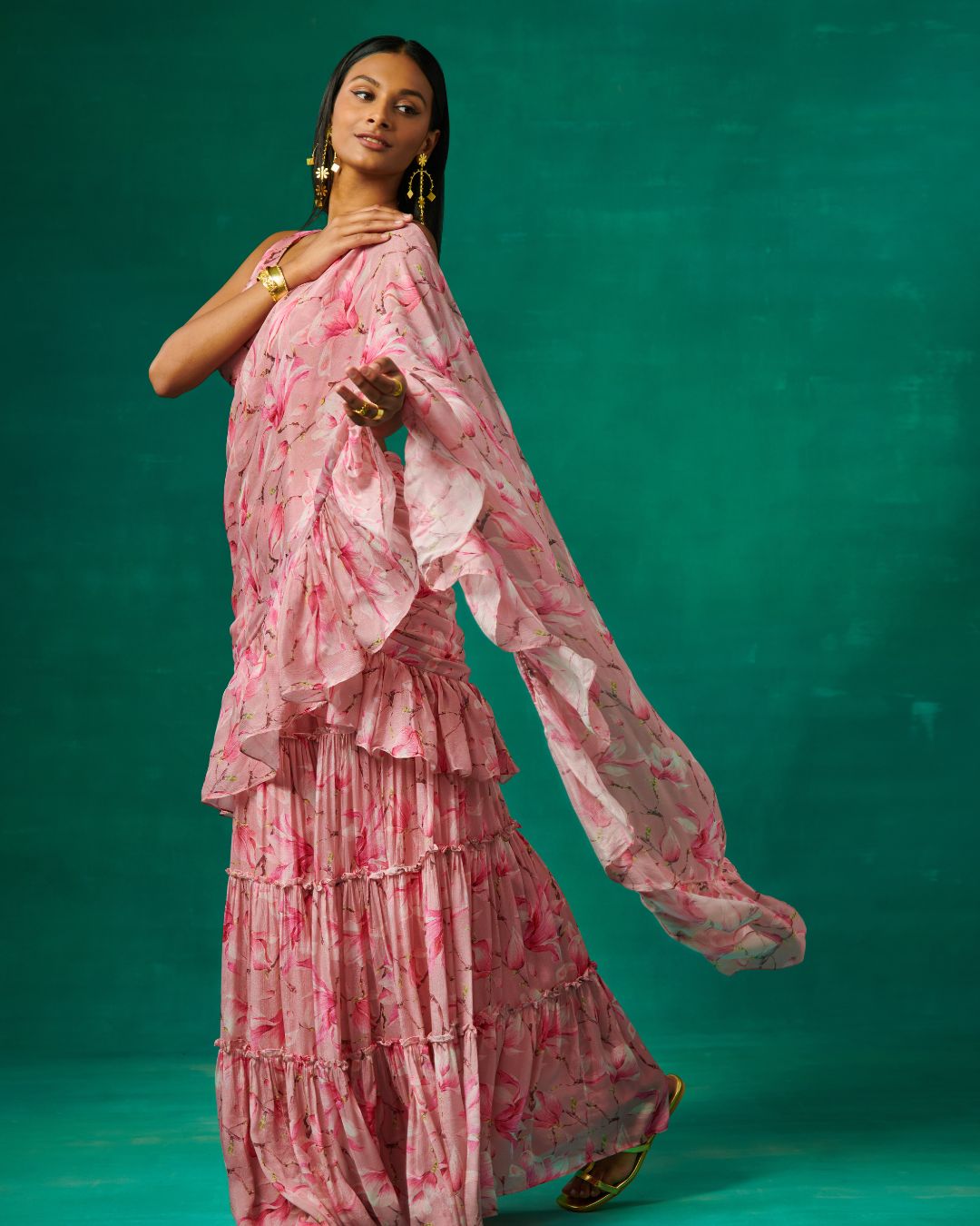 Sonali Bansal - Pink tulip printed garara with attached drape and plunge V neck blouse From Bageecha