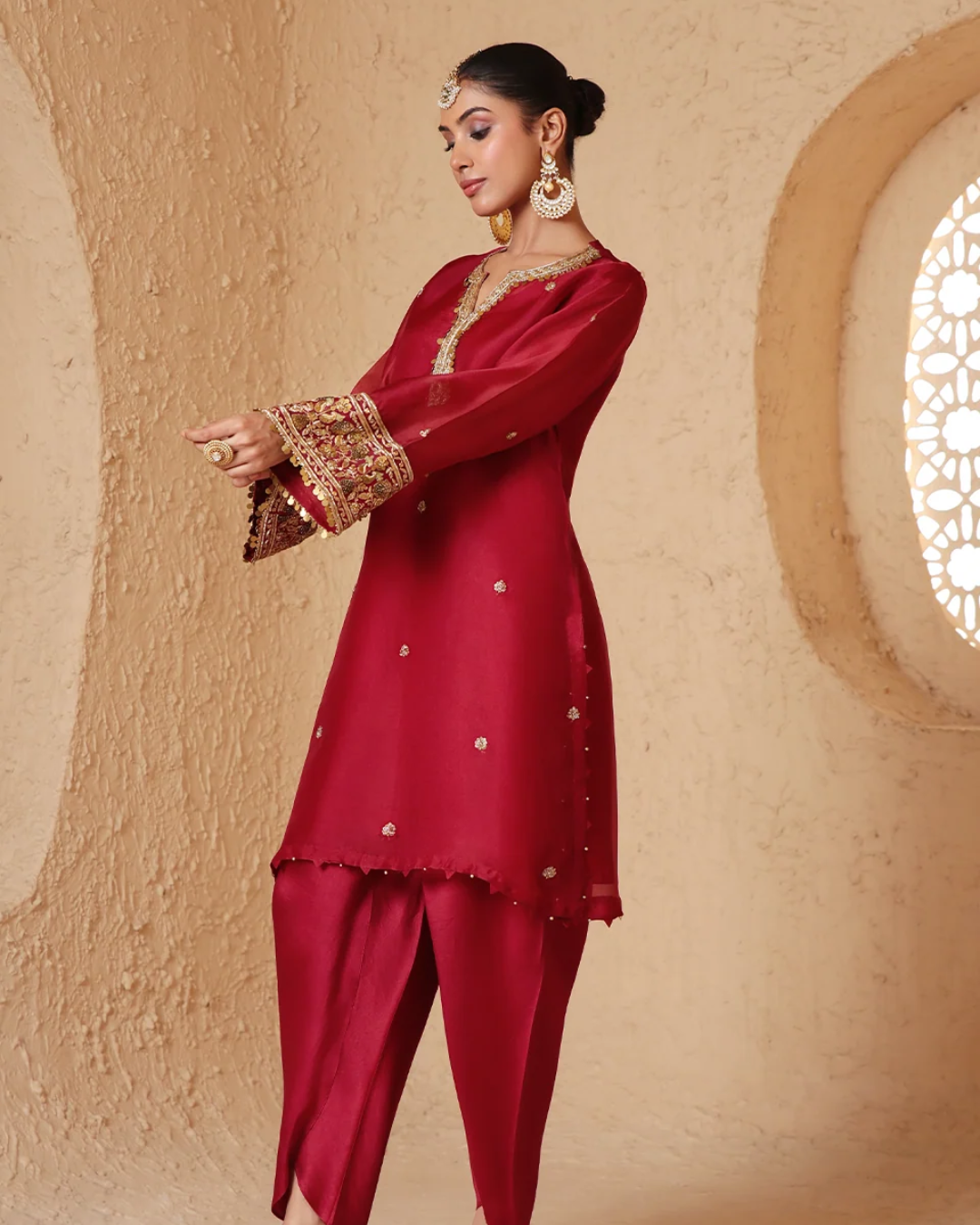 Niti Bothra - Zar-Rang Maroon Short Kurta Set