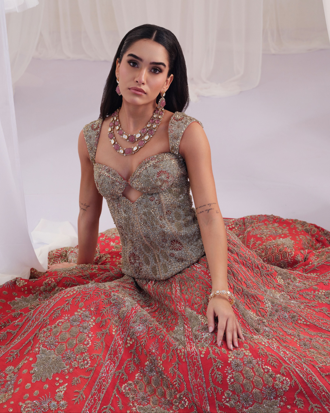 K&A By Karishma And Ashita - Red Hand Embellished Corset with Raw Silk Lehenga & Dupatta From First Love