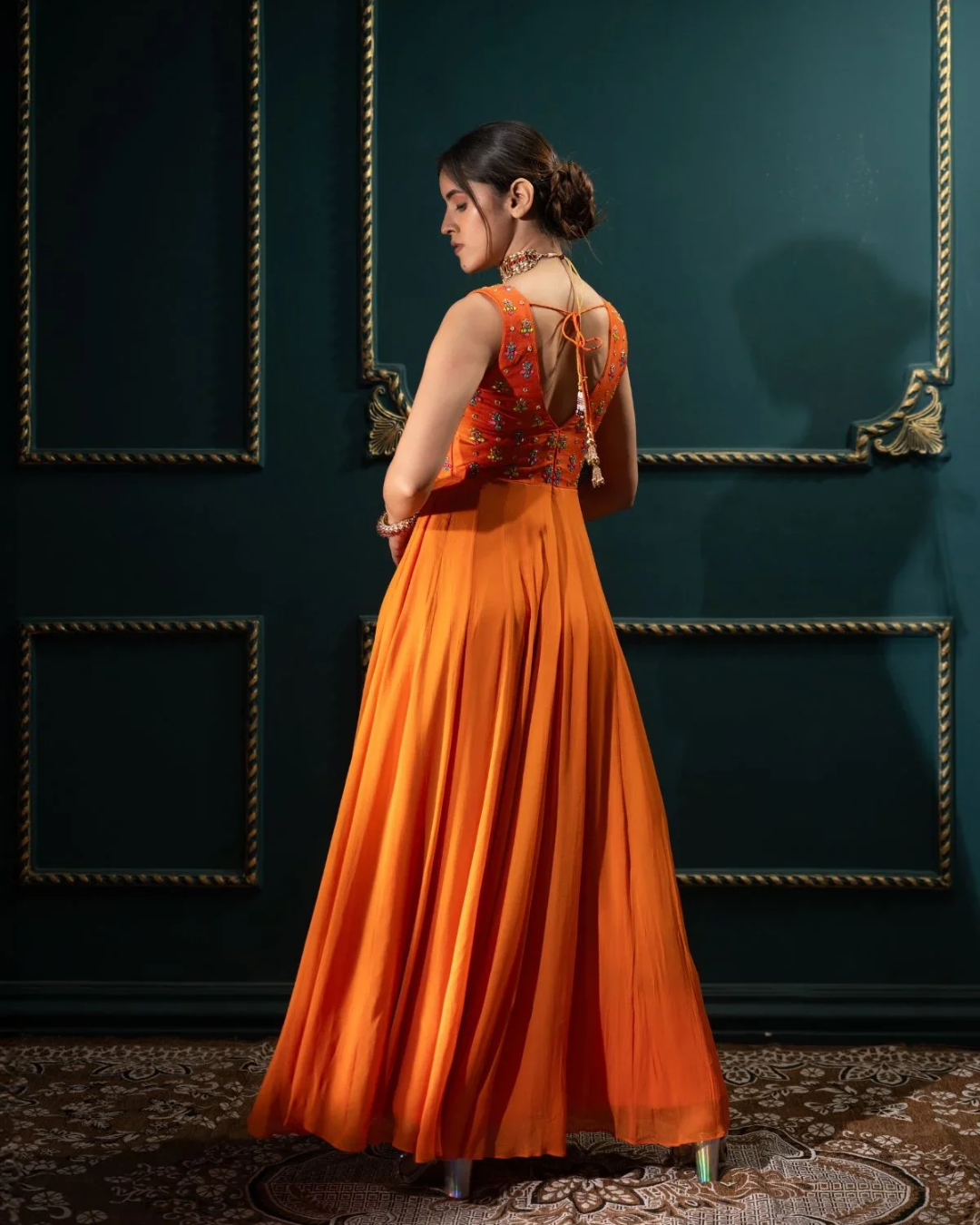 Anisha Shetty - Orange Anarkali With Multicolor Work From Rangin