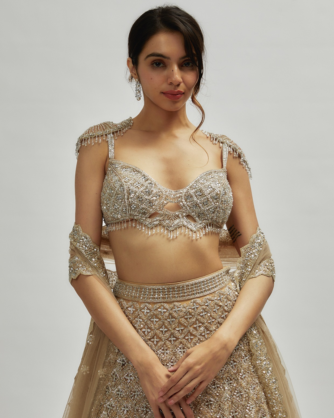 Isa by Dolly Wahal - Chrome Gold Net Embroidered Lehenga Set
