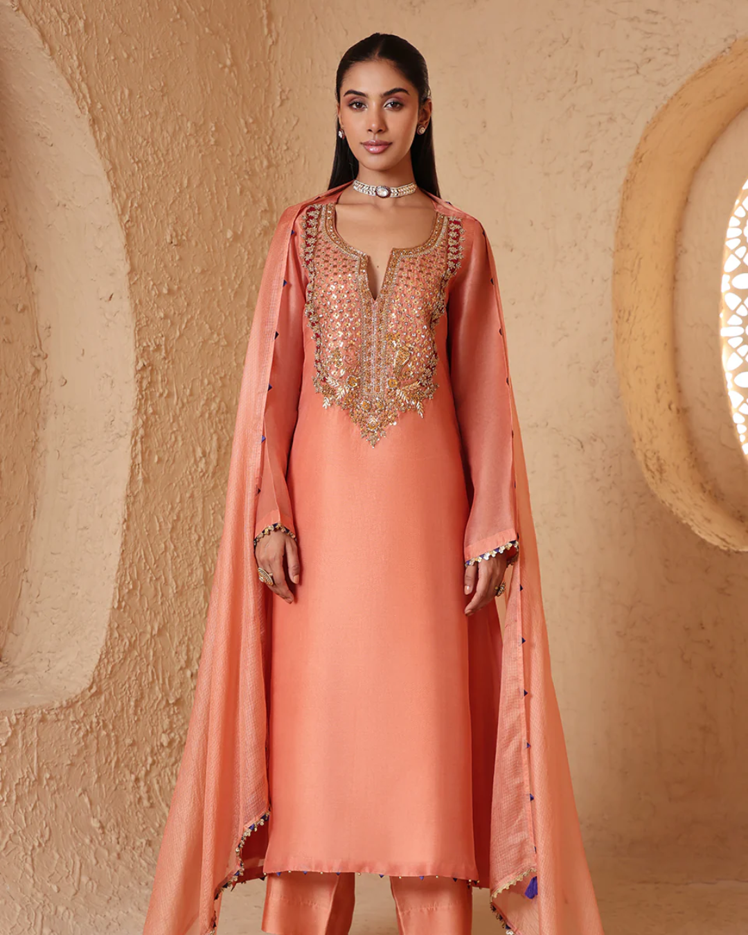 Niti Bothra - Mehrang Peach Heavy Neck Kurta Set