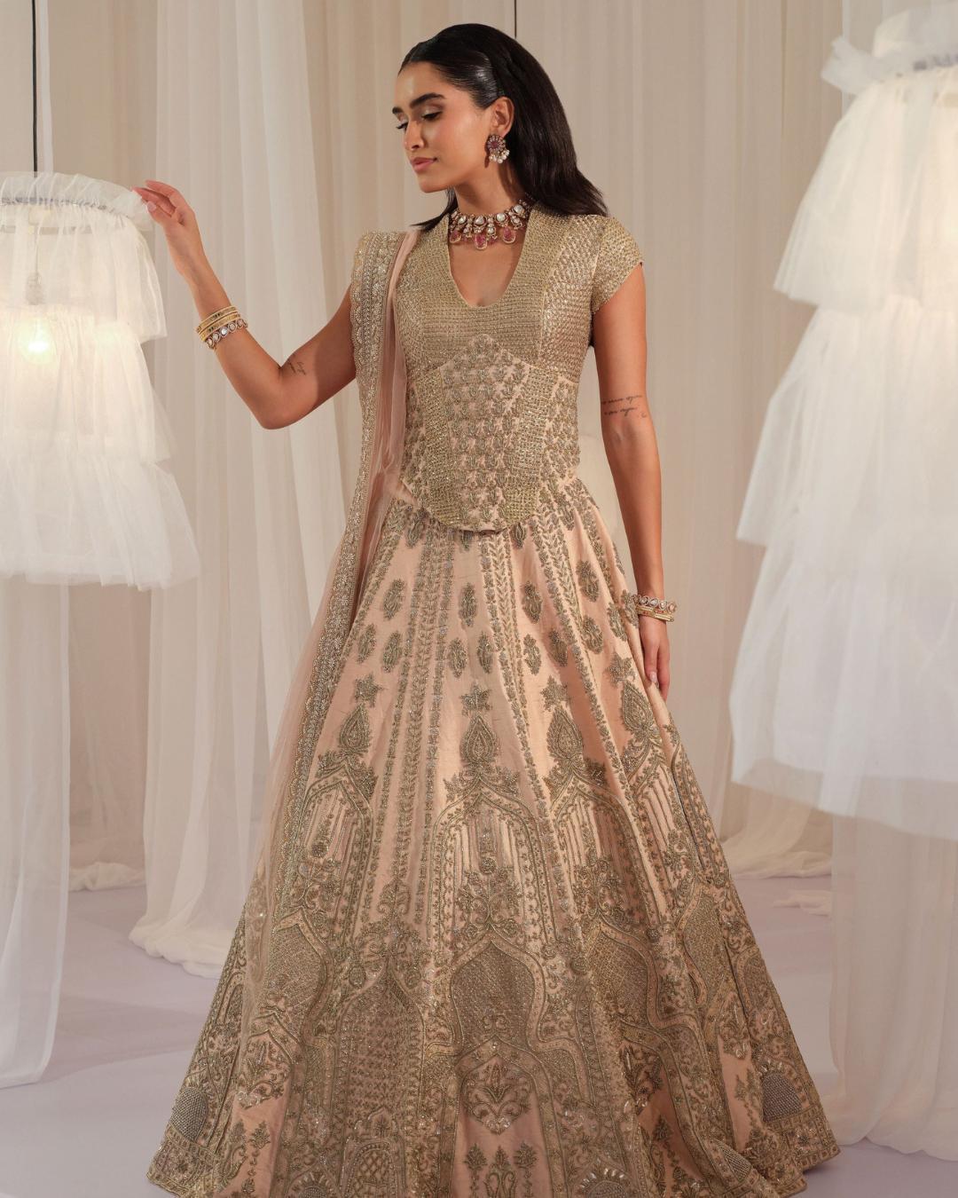 K&A By Karishma And Ashita - Peach Muted Gold Corset With Lehenga & Dupatta From First Love