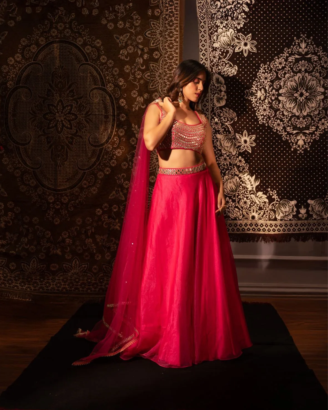 Anisha Shetty - Rasberry Pink Organza Lehenga Set From Rangin