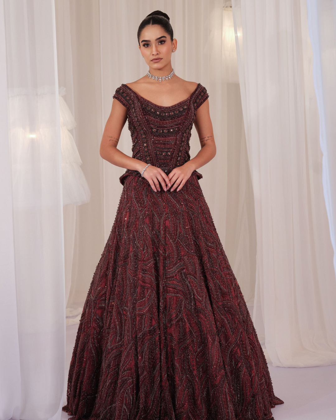 K&A By Karishma And Ashita - Deep Wine Hand Embellished Corset With Lehenga From First Love