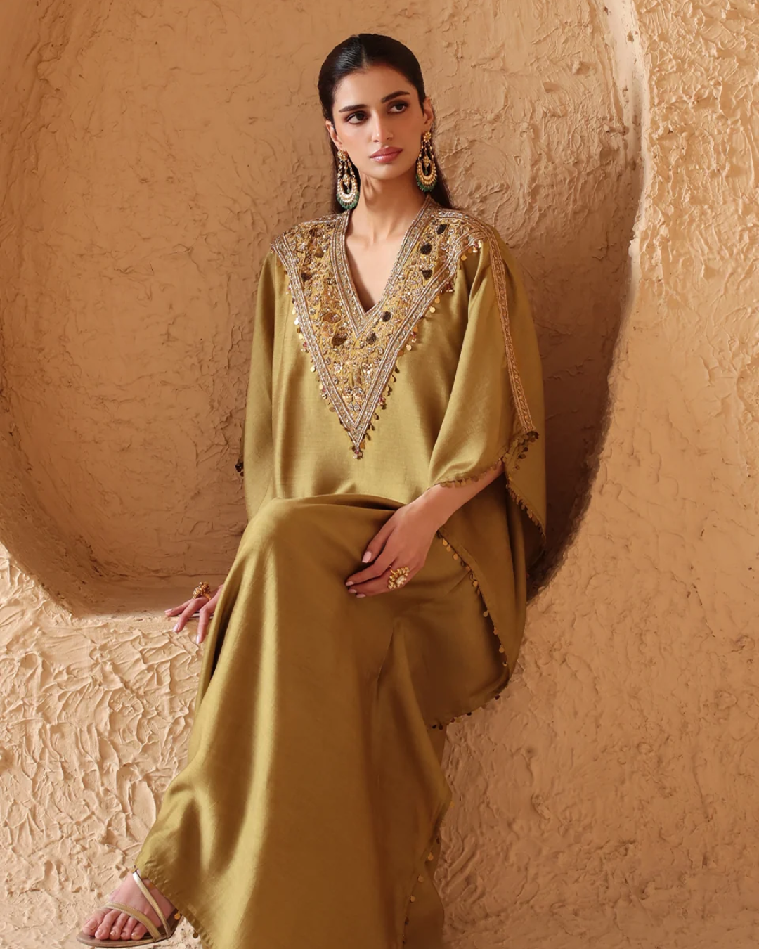 Niti Bothra - Zar-Rang Olive Green V Neck Kaftan Set