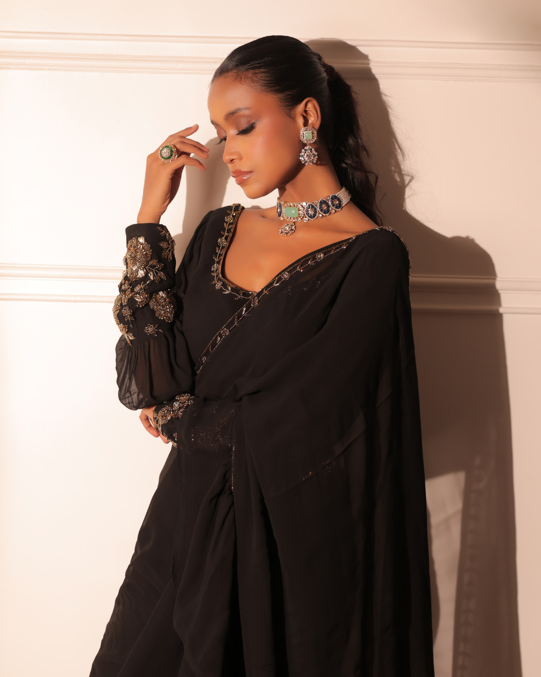 Sonali Bansal - Black ruffle drape saree and blouse with belt From Banno Ki Saheli