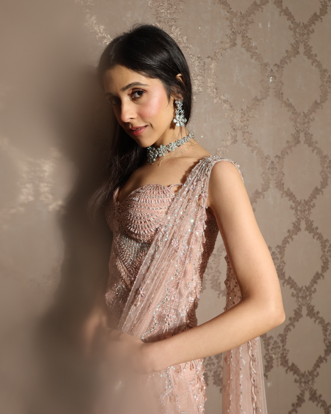 Isa by Dolly Wahal - Pink Corset Saree With Slit From Ittara