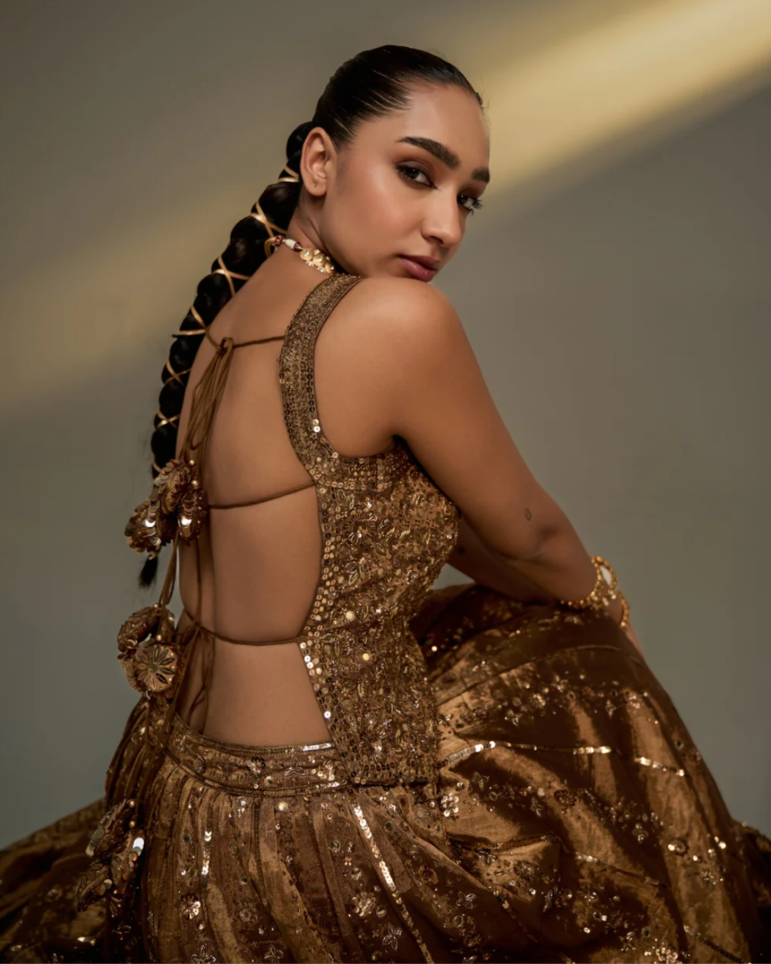 Prevasu - Copper Gold Corset Lehenga Set From The Mocha Edit