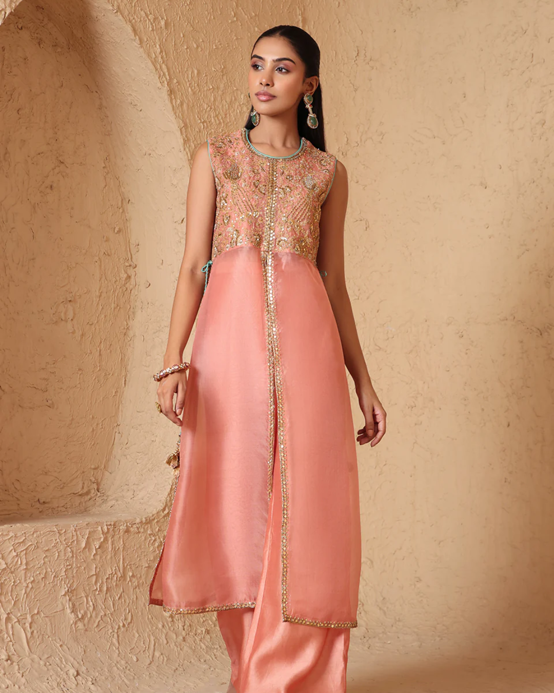 Niti Bothra - Mehrang Peach Tie-up Sleeveless Kurta Set