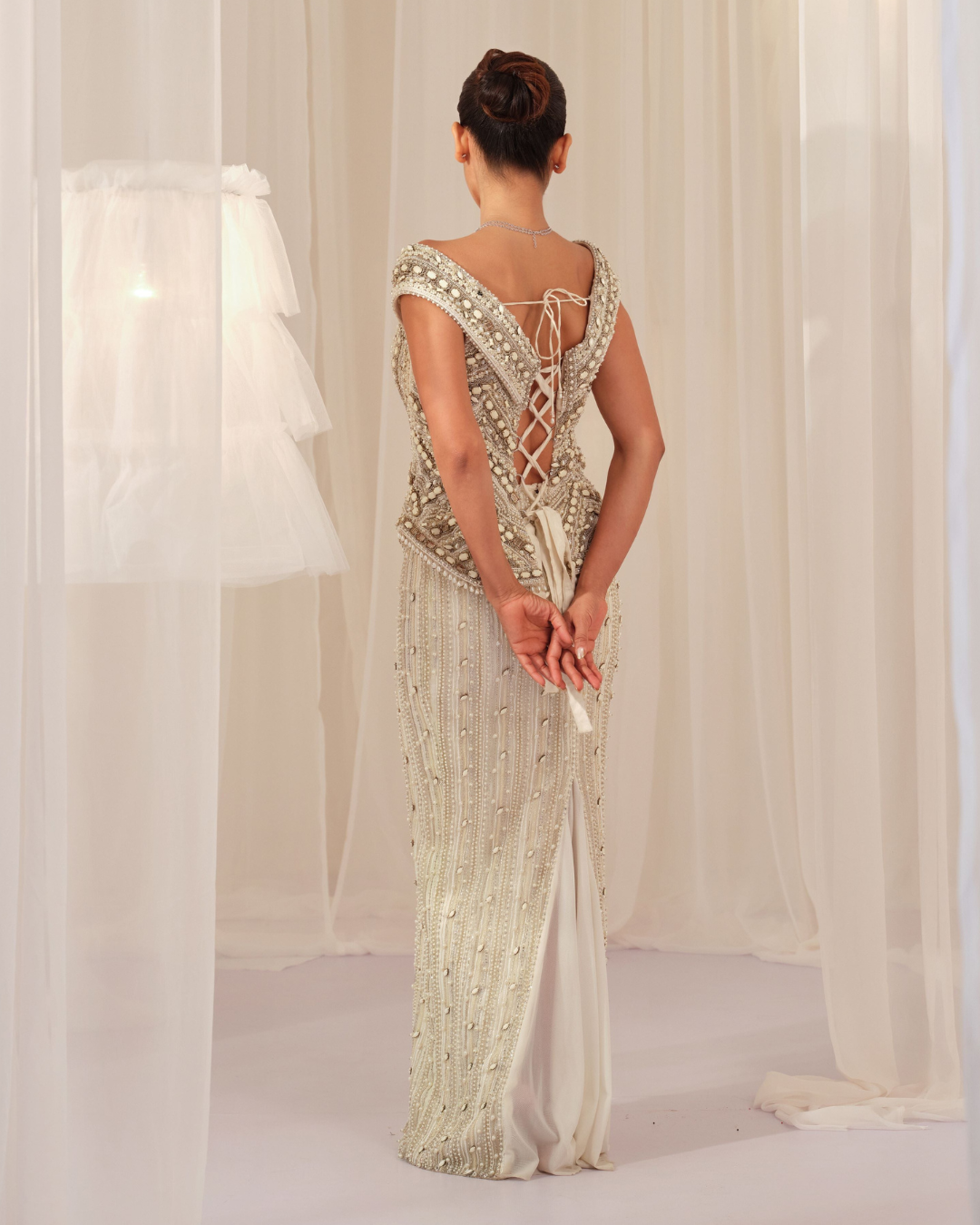 K&A By Karishma And Ashita - White Stone Crystal Corset with Beaded Pencil Skirt From First Love