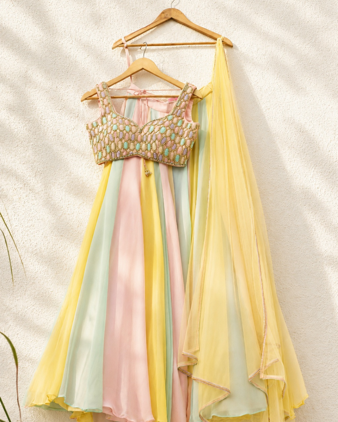Anisha Shetty - Peach Oval Multicolour Cutdana Blouse With Multicolour Lehenga Set