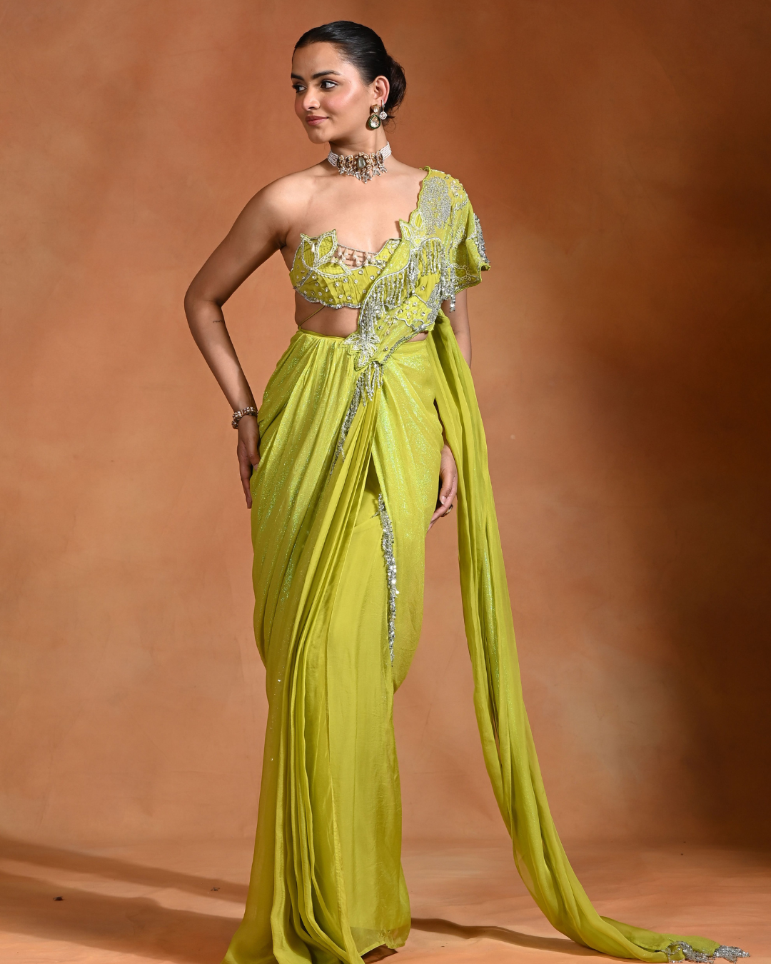 Rishi and Vibhuti - Lime Mirage Saree From Ek Main Aur Ek Tu