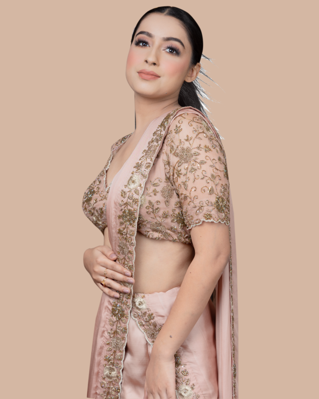 Sonali Bansal - Golden skirt saree with hand embroidered blouse and drape From Wedding Capsule
