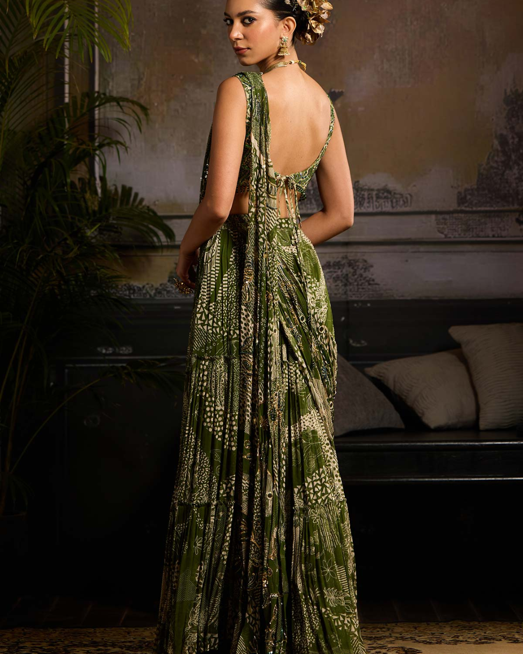 Diya Rajvvir - Sage Green Print and Highlighted Skirt Saree Set
