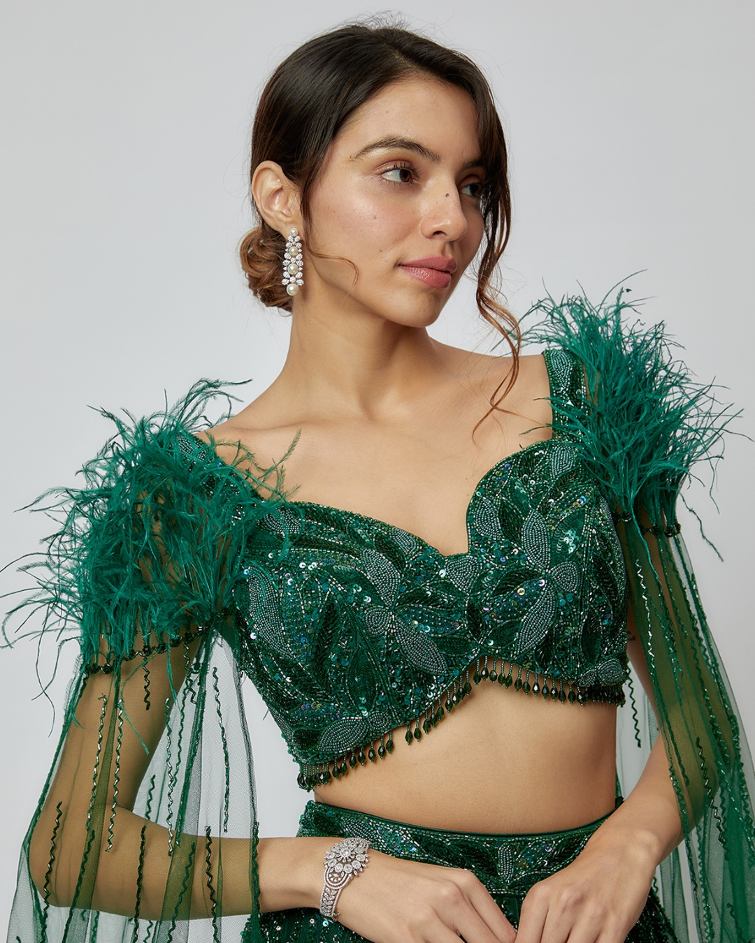 Isa by Dolly Wahal - Emerald Green Net Hand Embroidered Lehenga Set
