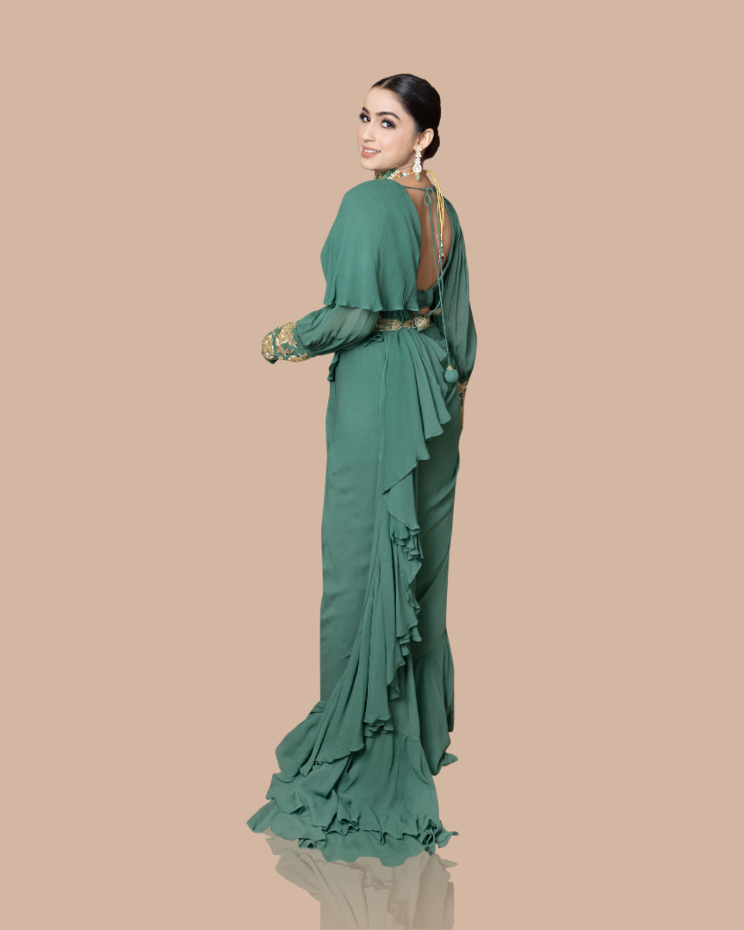 Sonali Bansal - Turquoise blue drape saree with ruffles paired with blouse and waist belt From Wedding Capsule