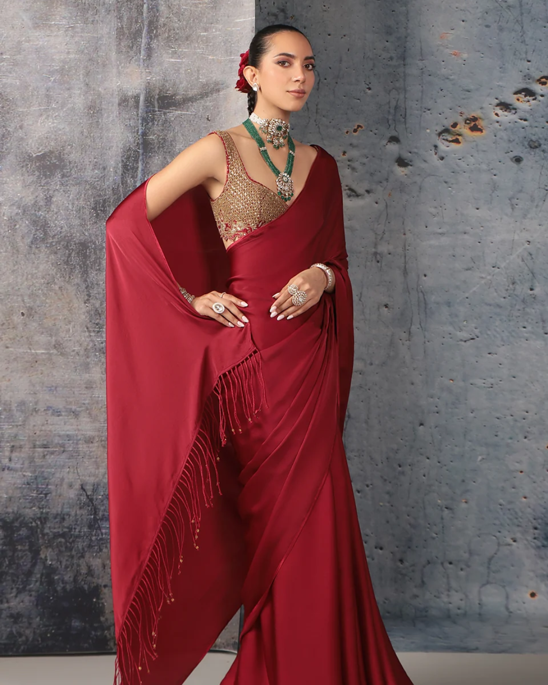 Niti Bothra - Zar-Rang Maroon Fringe Saree Set