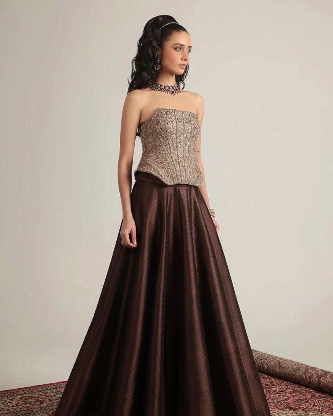 Niti Bothra - Zar-Rang Brown Panelled Corset Quilted Lehenga Set