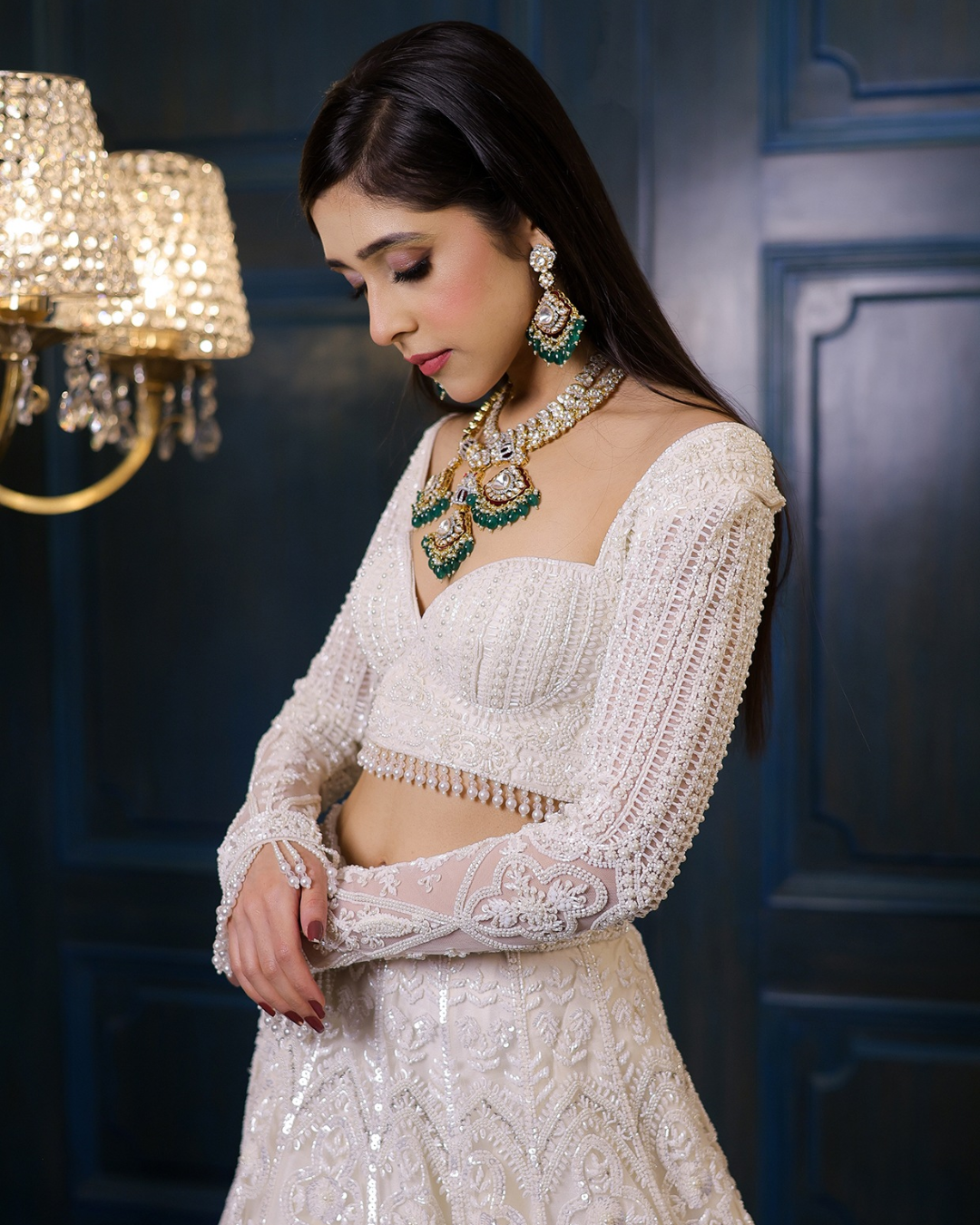 Isa by Dolly Wahal - Ivory Net Sequins Embroidered Lehenga Set