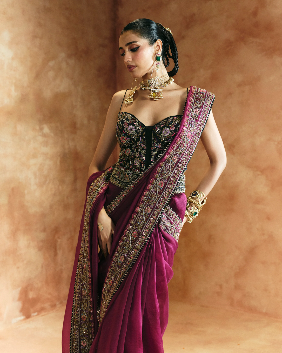 Aman Takyar - Black Multi-Colored Saree Set From Today's Sindh
