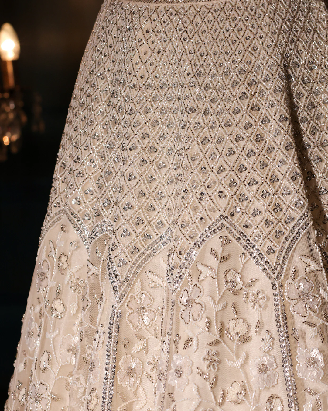 Isa by Dolly Wahal - Ivory Net Sequins & Pearl Embroidered Lehenga Set