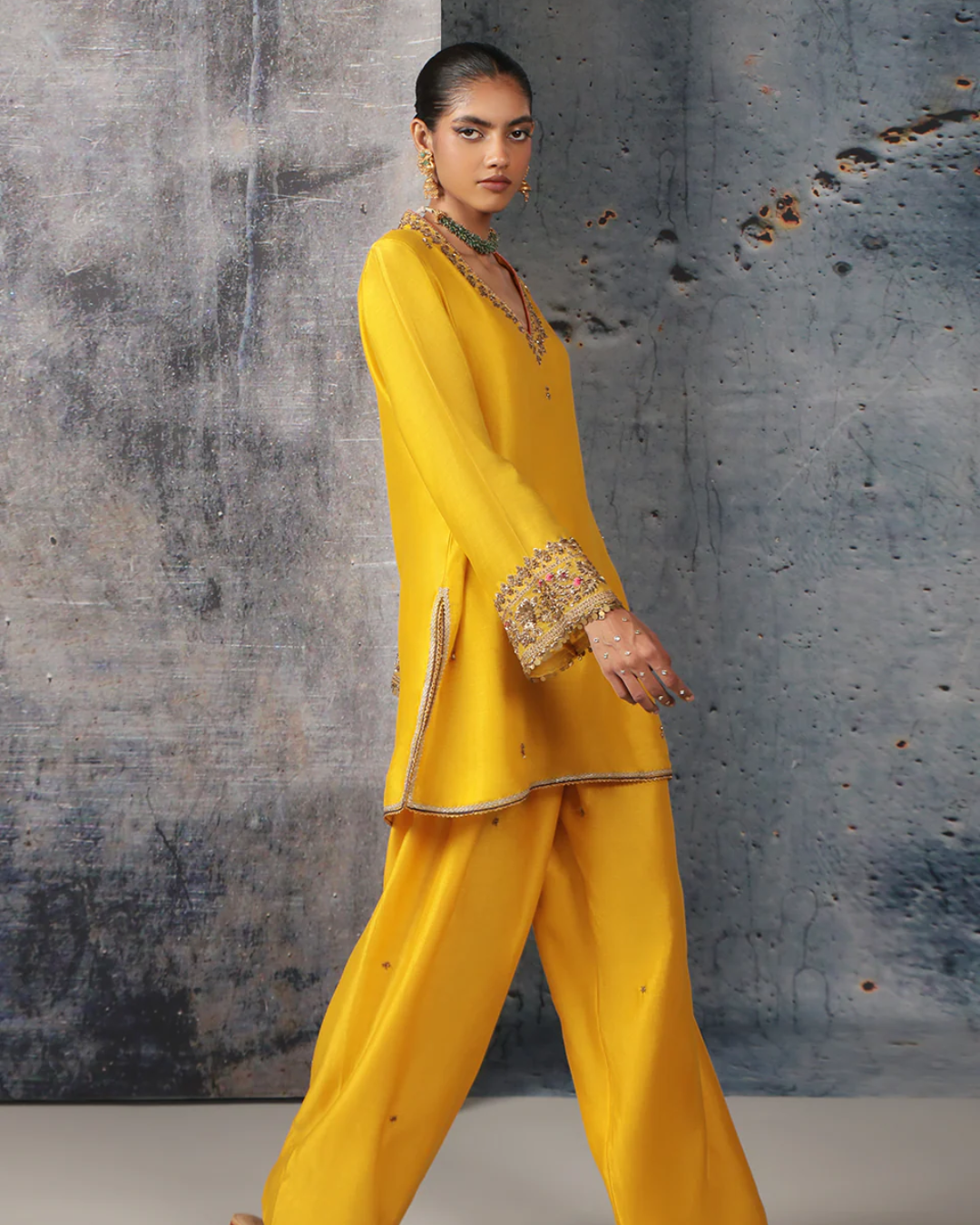 Niti Bothra - Mehrang Yellow V Neck Short Kurta Set