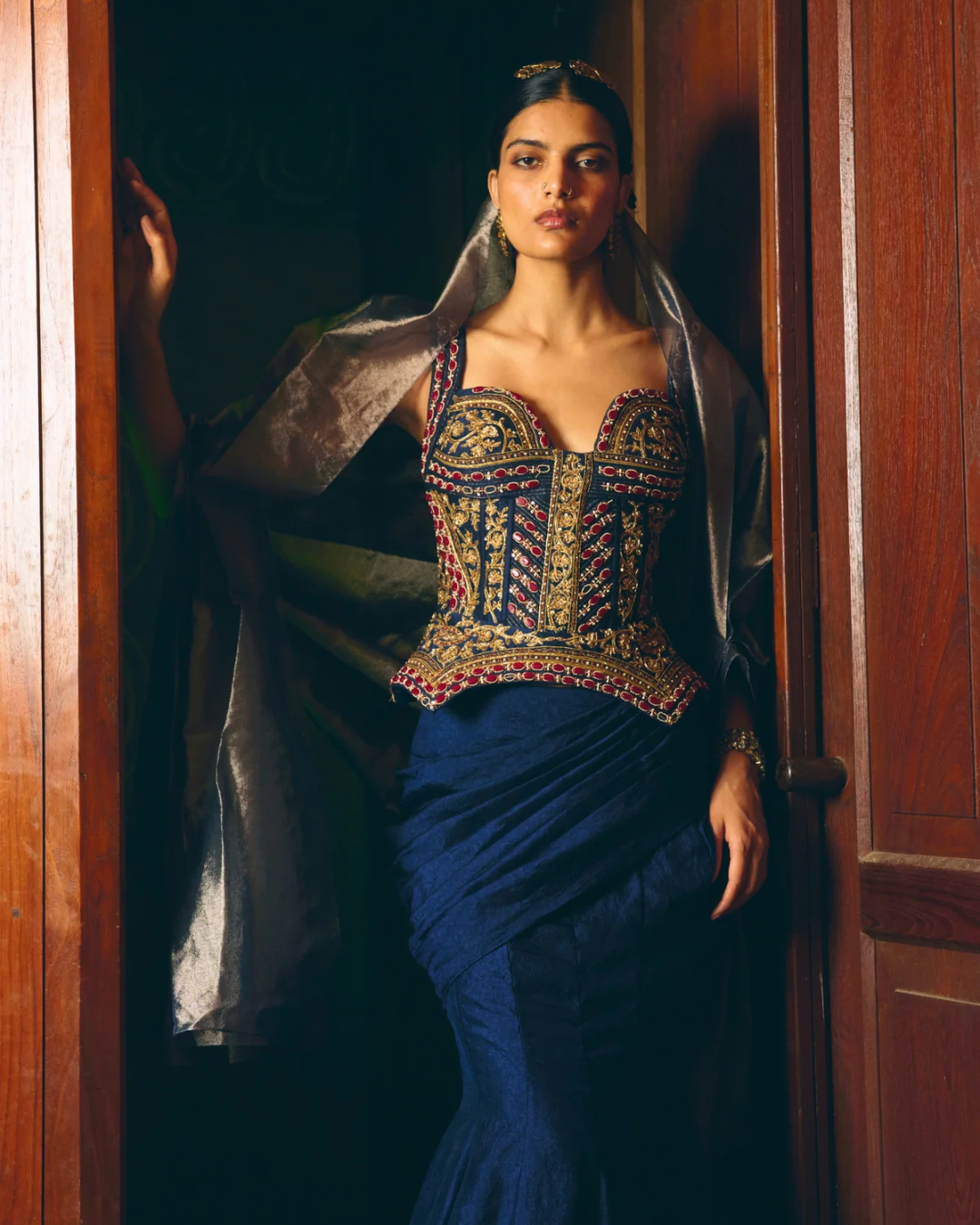 Aditi Gupta - Manikari Navy Blue Corset With Drape From Chitrakatha