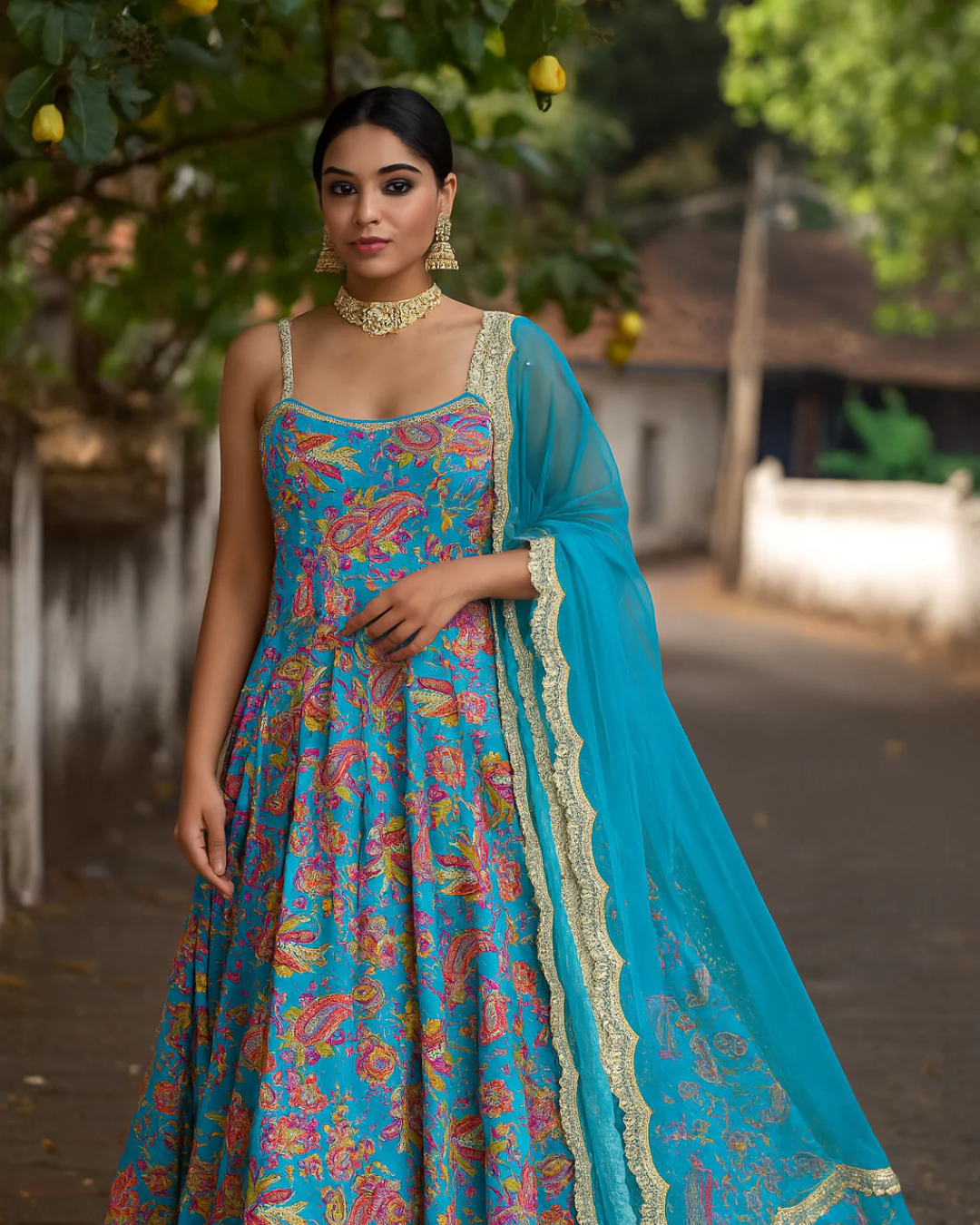 Anisha Shetty - Cerulean Blue Floral Bloom Anarkali Set