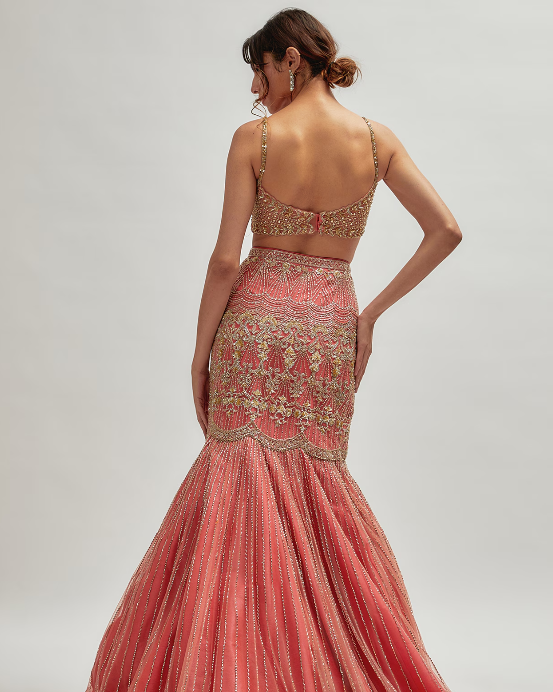 Isa by Dolly Wahal - Coral Pink Net Embroidered Fish-Cut Lehenga Set