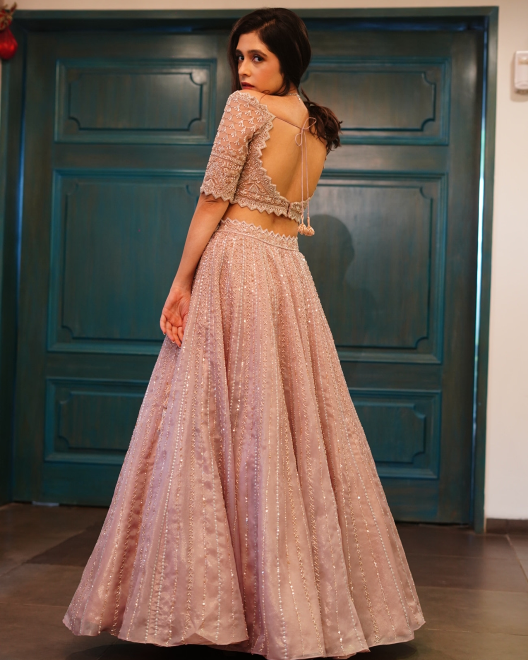 Isa by Dolly Wahal - Champagne Pink Lehenga From Athena