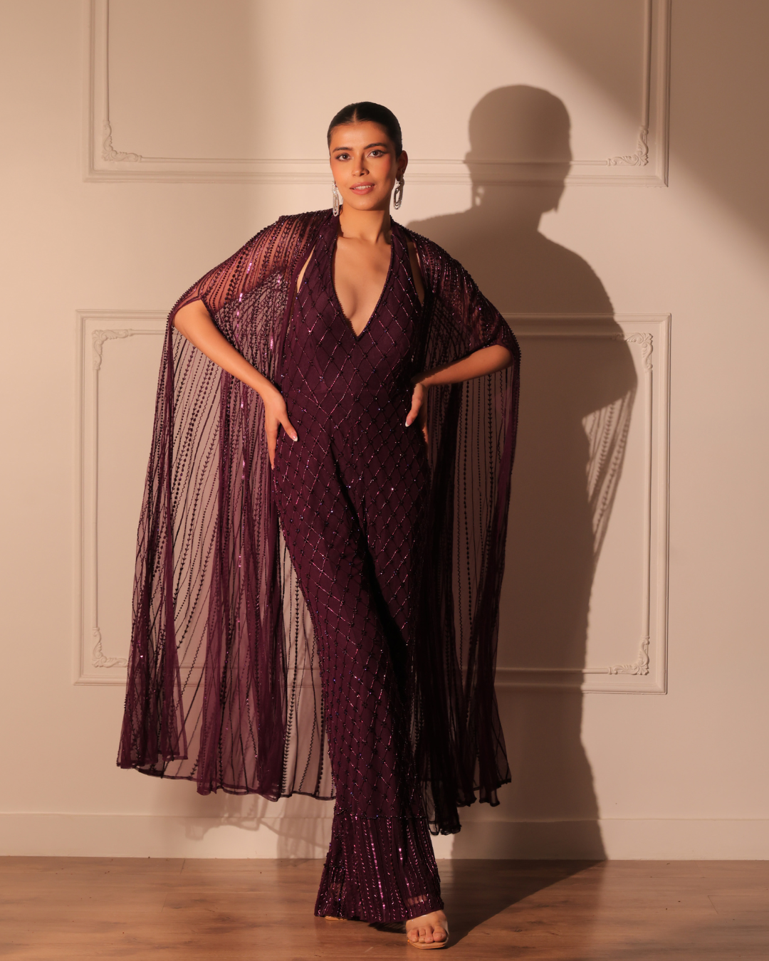 Sonali Bansal - Wine halter neck jumpsuit with cape From Banno Ki Saheli