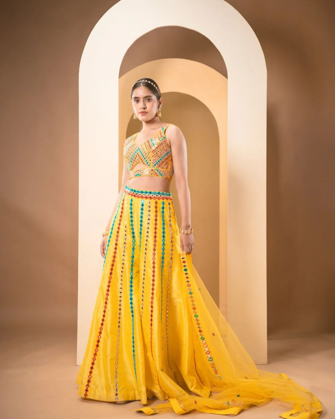 Anisha Shetty - Sunshine Yellow Multicolor Thread & Mirrorwork Sharara Set From Rangin