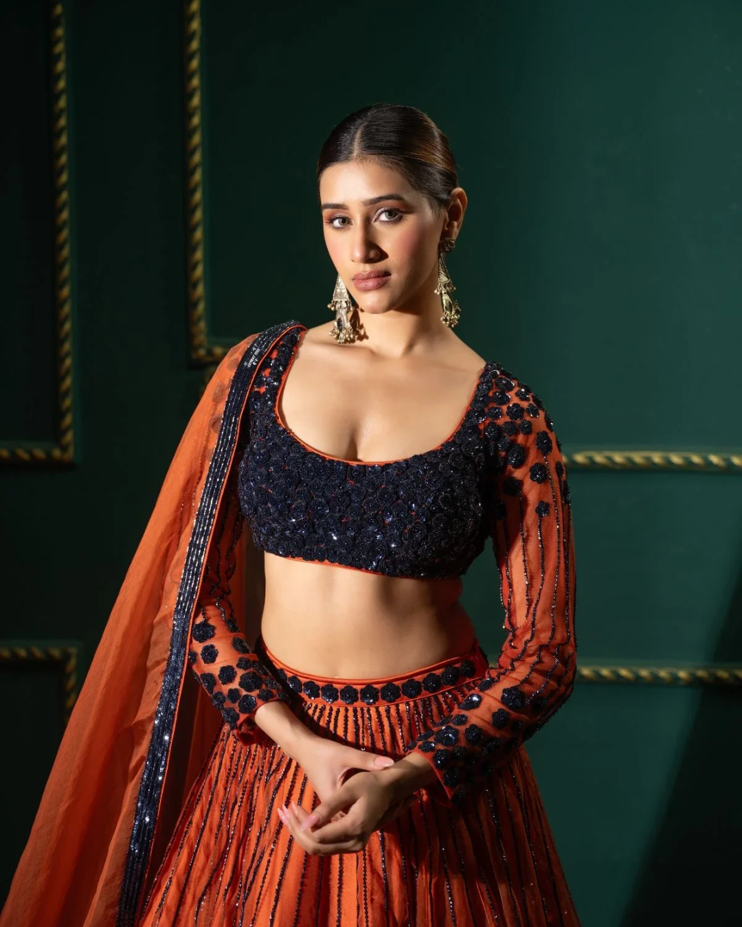 Anisha Shetty - Rust Organge Sequin Lehenga Set From Rangin