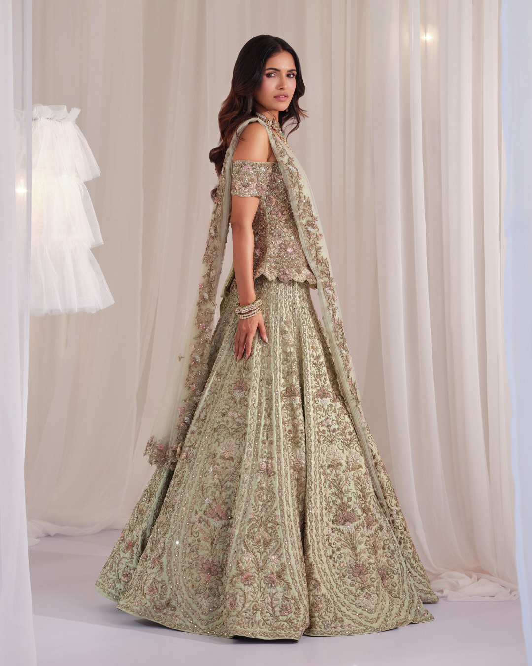 K&A By Karishma And Ashita - Sage Green Hand Embellished Peplum Corset with Lehenga & Dupatta From First Love