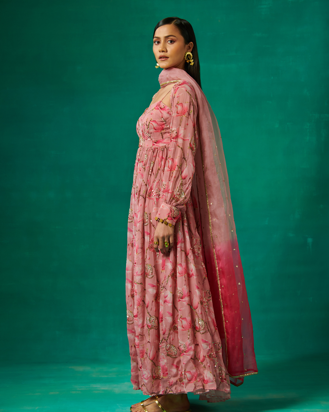 Sonali Bansal - Pink floral print anarkali and dupatta From Bageecha