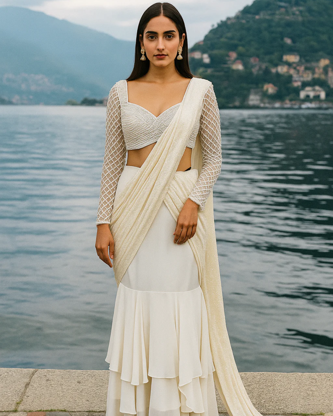 Anisha Shetty - Offwhite Pearl Stitched Saree